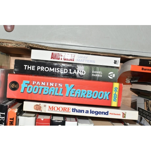 338 - THREE BOXES OF FOOTBALL INTEREST HARDBACK AND PAPERBACK BOOKS, approximately one hundred and three t... 