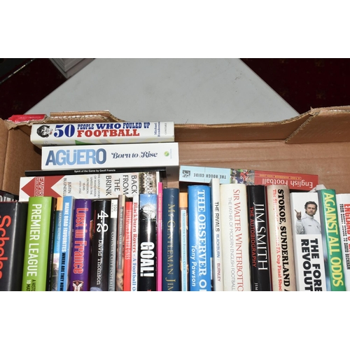 338 - THREE BOXES OF FOOTBALL INTEREST HARDBACK AND PAPERBACK BOOKS, approximately one hundred and three t... 