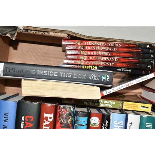 338 - THREE BOXES OF FOOTBALL INTEREST HARDBACK AND PAPERBACK BOOKS, approximately one hundred and three t... 