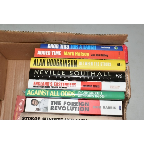 338 - THREE BOXES OF FOOTBALL INTEREST HARDBACK AND PAPERBACK BOOKS, approximately one hundred and three t... 