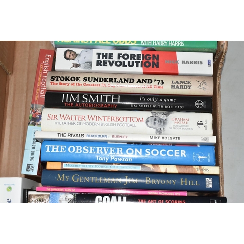 338 - THREE BOXES OF FOOTBALL INTEREST HARDBACK AND PAPERBACK BOOKS, approximately one hundred and three t... 