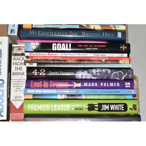 338 - THREE BOXES OF FOOTBALL INTEREST HARDBACK AND PAPERBACK BOOKS, approximately one hundred and three t... 