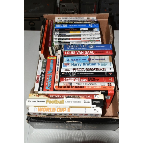 338 - THREE BOXES OF FOOTBALL INTEREST HARDBACK AND PAPERBACK BOOKS, approximately one hundred and three t... 