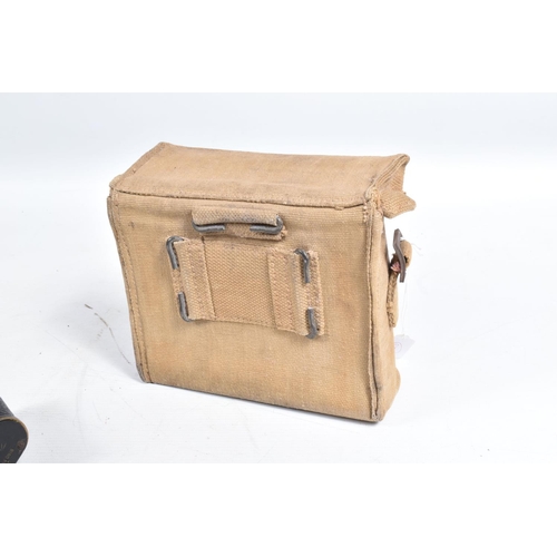 416 - A CASED PAIR OF WWI BINOCULARS AND TWO MORE MODERN MAP CASES, the binoculars have the military broad... 