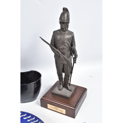 419 - A KUKRI STYLE KNIFE, two 30mm bullets, a Dragoon Guard Spelter Figure and a plate, the Kukri has etc... 