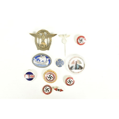 426 - A MIXED COLLECTION OF GERMAN PIN BADGES, to include a Waffen SS Viking ship pin, a gold NSDAP member... 