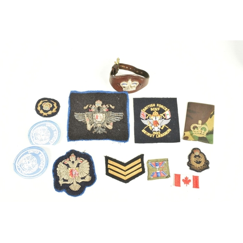 433 - A SELECTION OF MILITARY CAP BADGES CLOTH INSIGNIA AND OTHER ITEMS, this lot includes a book and CD a... 