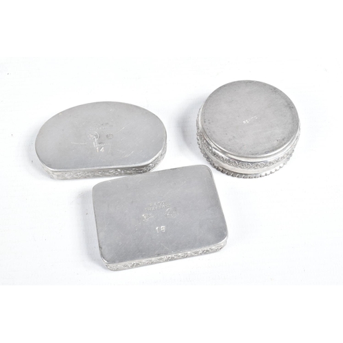 459 - THREE BULLET MOULDS, SIX VARIOUS 19TH AND 20TH CENTURY PEWTER SNUFF BOXES, two 19th century leather ... 