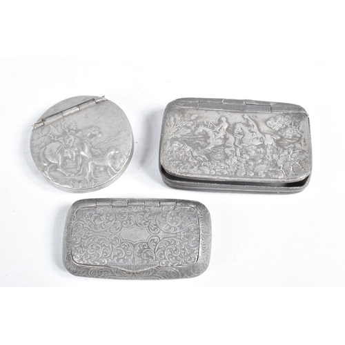 459 - THREE BULLET MOULDS, SIX VARIOUS 19TH AND 20TH CENTURY PEWTER SNUFF BOXES, two 19th century leather ... 