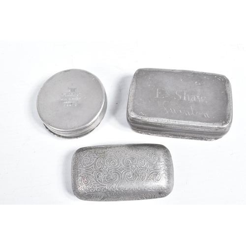 459 - THREE BULLET MOULDS, SIX VARIOUS 19TH AND 20TH CENTURY PEWTER SNUFF BOXES, two 19th century leather ... 