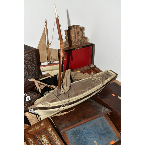 448 - A GROUP OF WOODEN BOXES, CLOCK, POND YACHTS, ETC, to include a work box with some bone and mother of... 