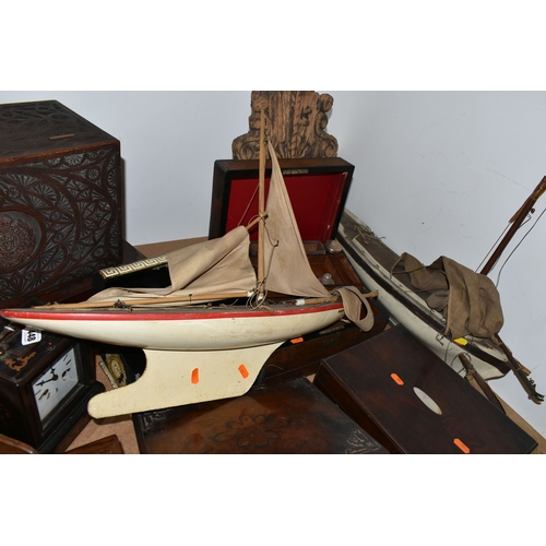 448 - A GROUP OF WOODEN BOXES, CLOCK, POND YACHTS, ETC, to include a work box with some bone and mother of... 