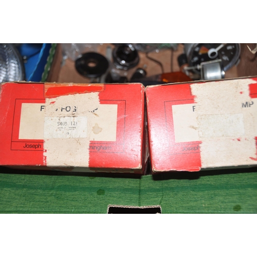 1003 - THREE TRAYS CONTAINING TRIUMPH SPITFIRE AND MG TF CAR PARTS AND INDUSTRIAL DIALS including head and ... 