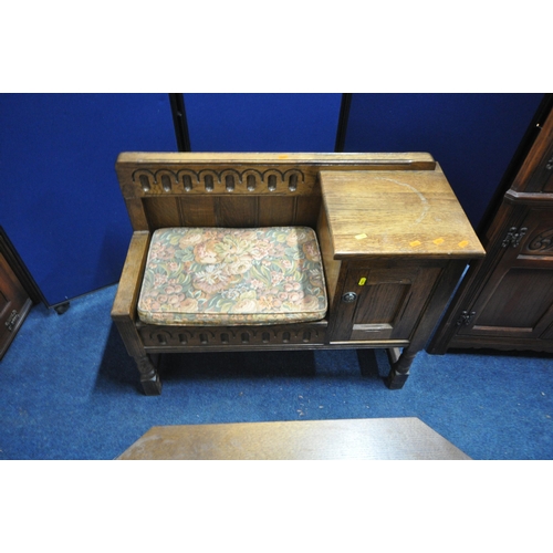 1204 - A SELECTION OF 20TH CENTURY OAK FURNITURE, to include an Old Charm corner cupboard, with double lead... 