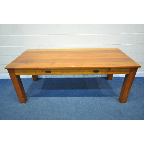 1206 - A LARGE CHERRYWOOD RECTANGULAR TABLE, the two frieze drawers with campaign handles, length 200cm x 8... 