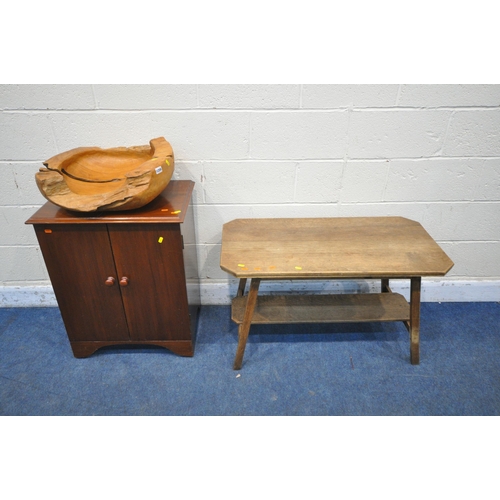 1208 - A RUSTIC ROOT WOOD FRUIT BOWL, width 54cm x depth 48cm x depth 22cm, a mahogany two door cupboard, a... 