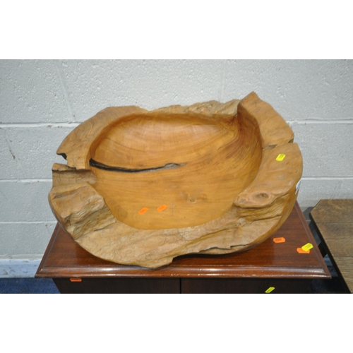 1208 - A RUSTIC ROOT WOOD FRUIT BOWL, width 54cm x depth 48cm x depth 22cm, a mahogany two door cupboard, a... 