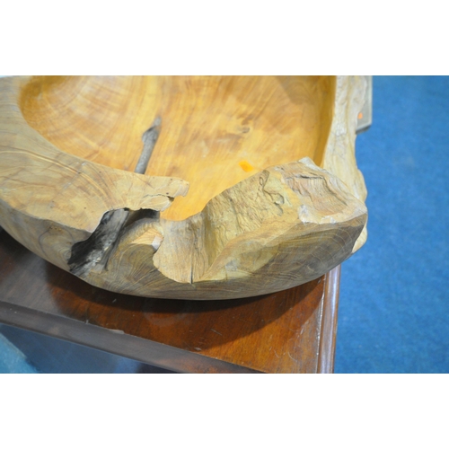 1208 - A RUSTIC ROOT WOOD FRUIT BOWL, width 54cm x depth 48cm x depth 22cm, a mahogany two door cupboard, a... 