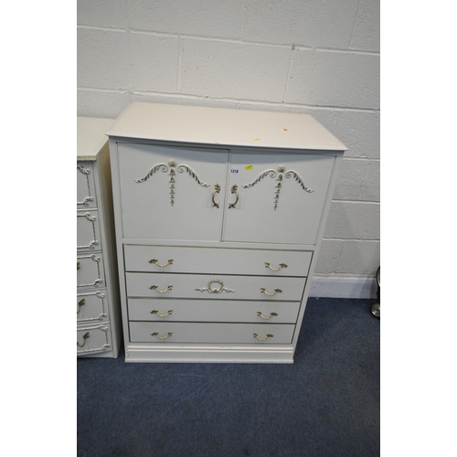 1218 - FIVE CREAM FRENCH PIECES OF BEDROOM FURNITURE, to include a dressing table, with single swing mirror... 