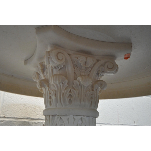 1219 - A CONTINENTAL MARBLE TOP CIRCULAR SIDE TABLE, raised on a moulded resin Corinthian style support dep... 