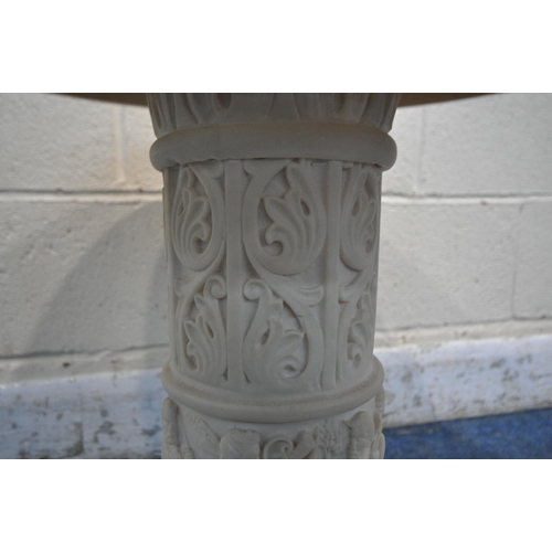 1219 - A CONTINENTAL MARBLE TOP CIRCULAR SIDE TABLE, raised on a moulded resin Corinthian style support dep... 