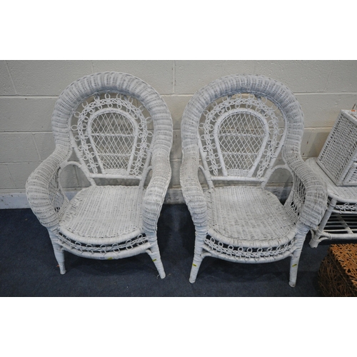 1231 - A SELECTION OF OCCASIONAL FURNITURE, to include two white painted wicker chairs, a white coffee tabl... 