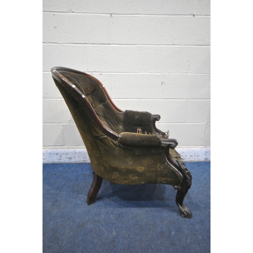 1235 - A DISTRESSED VICTORIAN ROSEWOOD SPOONBACK ARMCHAIR, with scrolled armrests, on cabriole front legs, ... 