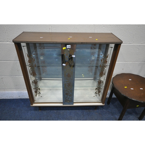 1237 - A MID CENTURY FORMICA DISPLAY CABINET, with double glazed sliding doors, enclosing two glass shelves... 