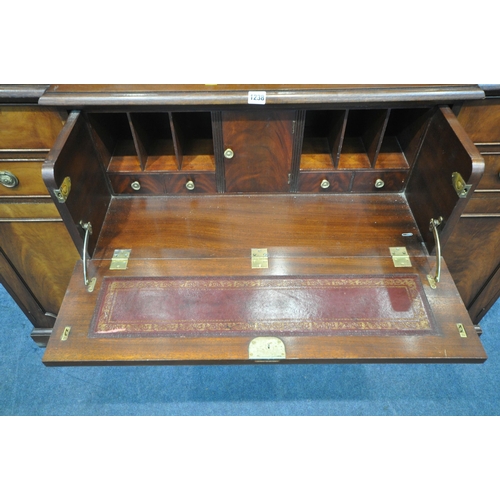 1238 - A REPRODUCTION MAHOGANY BREAKFRONT SECRETAIRE BOOKCASE, the top section fitted with four astragal gl... 