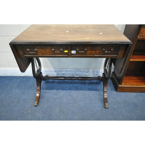 1240 - A 20TH CENTURY MAHOGANY DROP LEAF SOFA TABLE, with two frieze drawers, raised on harp shaped support... 