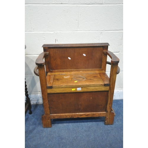 1250 - THREE PIECES OF 20TH CENTURY OAK FURNITURE, to include a small bench, with open armrests, a hinged s... 