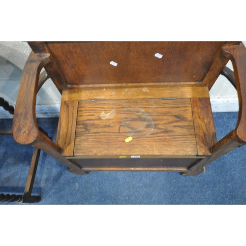 1250 - THREE PIECES OF 20TH CENTURY OAK FURNITURE, to include a small bench, with open armrests, a hinged s... 