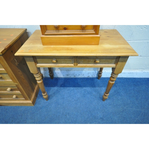 1292 - A PINE DESK, with two frieze drawers, on turned legs, width 92cm x depth 50cm x height 77cm, a two d... 