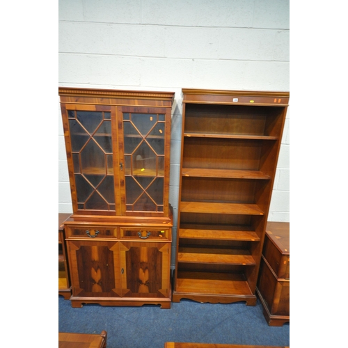 1295 - A SELECTION OF YEW WOOD FURNITURE, to include an open bookcase, width 80cm x depth 32cm x height 192... 