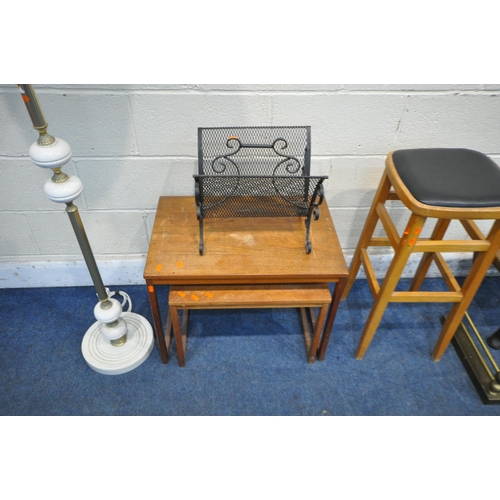 1299 - A SELECTION OF OCCASIONAL FURNITURE, to include a teak nest of two tables, a brass and marble standa... 