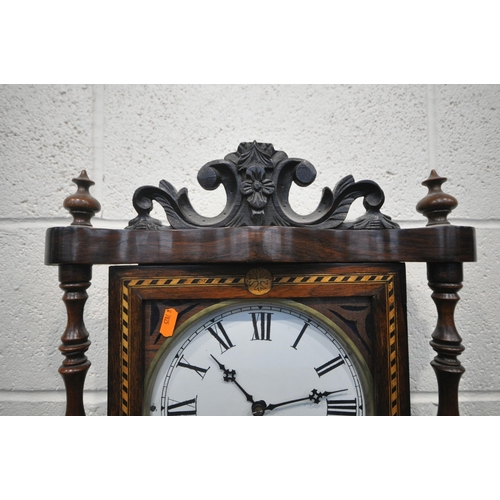 1301 - A 19TH CENTURY ROSEWOOD AND MARQUETRY INLAID WALL CLOCK, with turned spindles, flanking a glazed doo... 