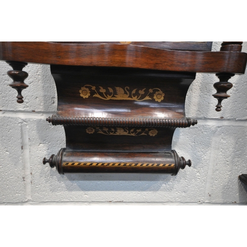 1301 - A 19TH CENTURY ROSEWOOD AND MARQUETRY INLAID WALL CLOCK, with turned spindles, flanking a glazed doo... 