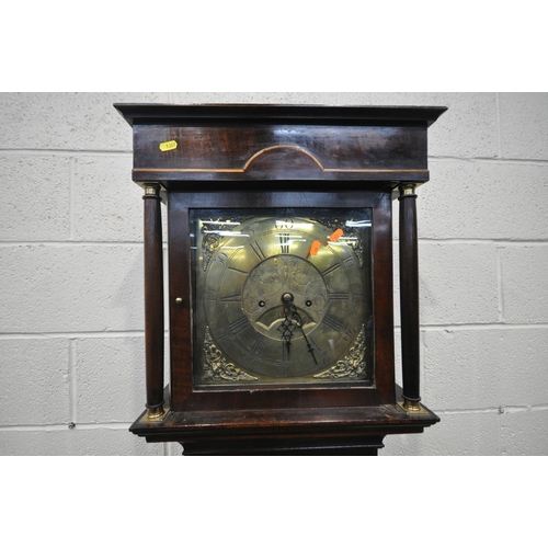 1302 - A GEORGIAN MAHOGANY 8 DAY LONGCASE CLOCK, turned spindles flanking a glazed door, that's enclosing a... 