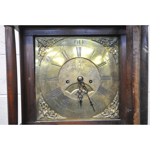 1302 - A GEORGIAN MAHOGANY 8 DAY LONGCASE CLOCK, turned spindles flanking a glazed door, that's enclosing a... 