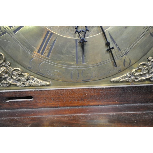 1302 - A GEORGIAN MAHOGANY 8 DAY LONGCASE CLOCK, turned spindles flanking a glazed door, that's enclosing a... 