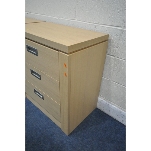 1303 - A PAIR OF HEAVY LIGHT OAK EFFECT CHEST OF THREE DRAWERS, width 76cm x depth 45cm x height 79cm (cond... 