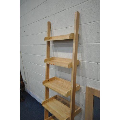 1304 - A MODERN BEECH FIVE TIER WALL STANDING BOOKCASE, width 60cm x depth 46cm x height 190cm, along with ... 