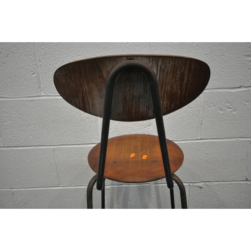 1316 - A MID CENTURY TUBULAR METAL BAR STOOL, with teak shaped back rest and circular seat, height 99cm (co... 