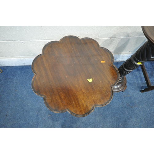 1332 - A REPRODUCTION MAHOGANY TRIPOD TABLE, with a wavy top, diameter 61cm x height 48cm, a torcher stand,... 