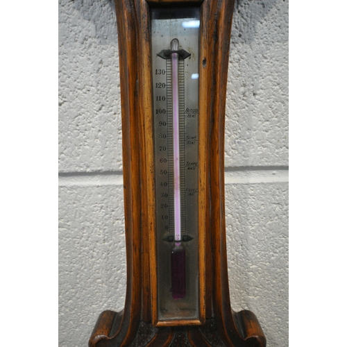 1334 - AN EARLY 20TH CENTURY OAK BAROMETER, with scrolled and shell decoration, the thermometer above an 8 ... 