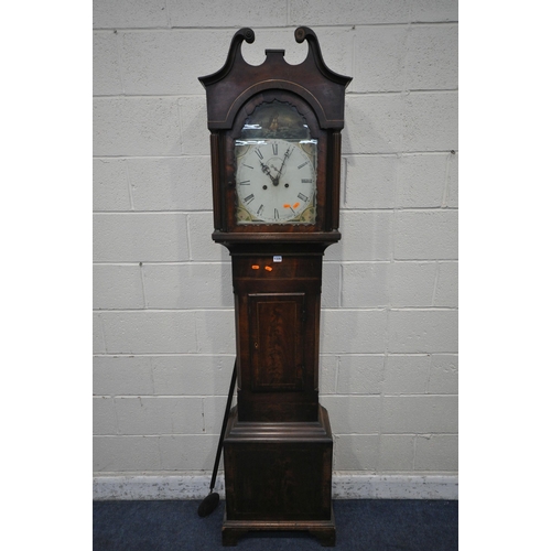 1335 - A 19TH CENTURY MAHOGANY EIGHT DAY LONGCASE CLOCK, with brass bird finial, twin swan neck pediment, C... 