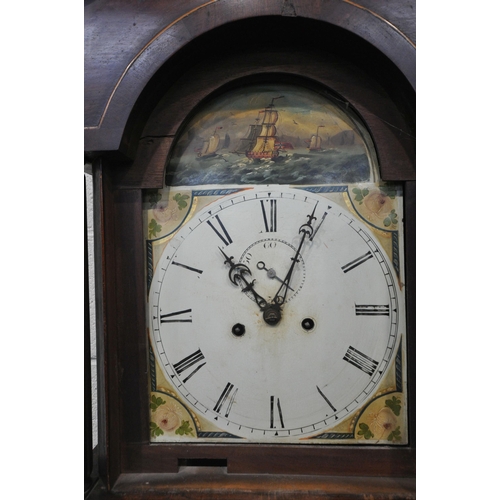 1335 - A 19TH CENTURY MAHOGANY EIGHT DAY LONGCASE CLOCK, with brass bird finial, twin swan neck pediment, C... 