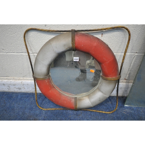 1337 - A DECORATIVE METAL WALL MIRROR, in the form of a ships life ring, 59cm squared, another wall mirror ... 