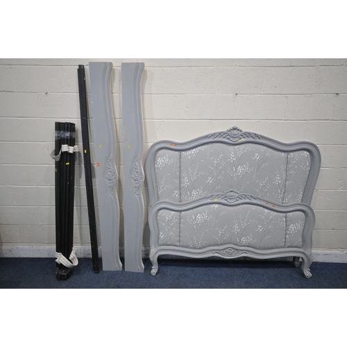 1339 - A GREY PAINTED FRENCH STYLE 5FT BEDSTEAD, with side rails, slats and central support beam (condition... 