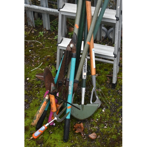 1001 - AN ALUMINIUM STEP LADDER, along with a bundle of hand garden tools, including shears, rakes, etc (10... 